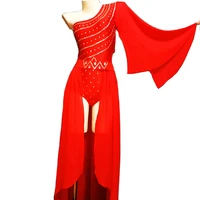 sparkly diamonds one shoulder big sleeve women red bodysuits long tailing sequins dress evening party costumes singer stage wear