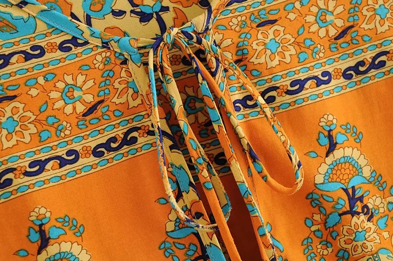 Женское платье с длинным рукавом длинное оранжевое в этническом стиле цветочным