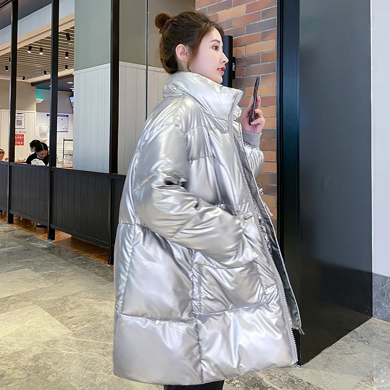 

2021 Winter Women's Long Down Jacket Shiny Oversized Thick Coat Ladies Stand Collar Big Pockets Solid Loose Casual Female Parkas