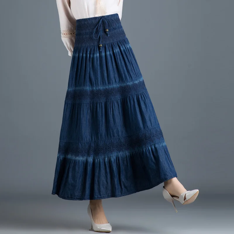 

Fashion Casual Jeans Skirts Women Elastic High Waist Solid Summer Party Pleated Jupes Femininas Denim Long Maxi Skirt