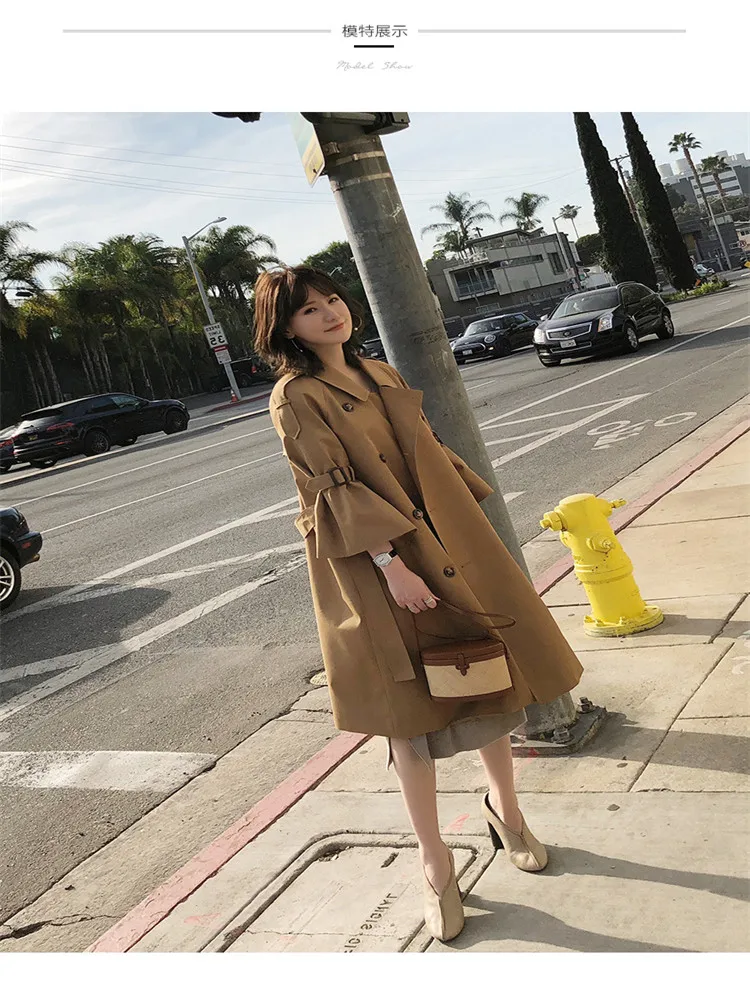 

Весенняя ветровка, новинка, женское длинное свободное кружевное двубортное пальто до колена с рукавами-рогами