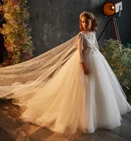 new arrival flower girl dress princess pageant gown beaded lace wedding party dress long sleeve girls dresses with cape