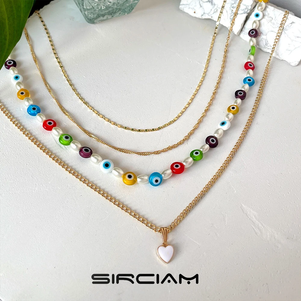 

Layered Rainbow Evil Eye Pearl Beaded Necklace For Women Glass Bead Heart Charm Choker Metal Chain Vacation Jewelry Wholesale