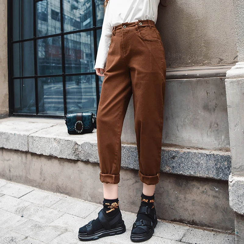 Женские коричневые джинсы с высокой талией размера плюс обтягивающие