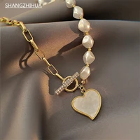 shangzhihua 2021 trend light luxury pearl hollow chain clasp necklace heart pendant fashion womens necklace party gift jewelry