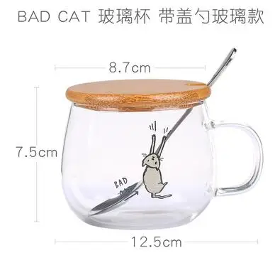 Термостойкая стеклянная кружка с мультяшным котом чашка ложкой Бамбуковая