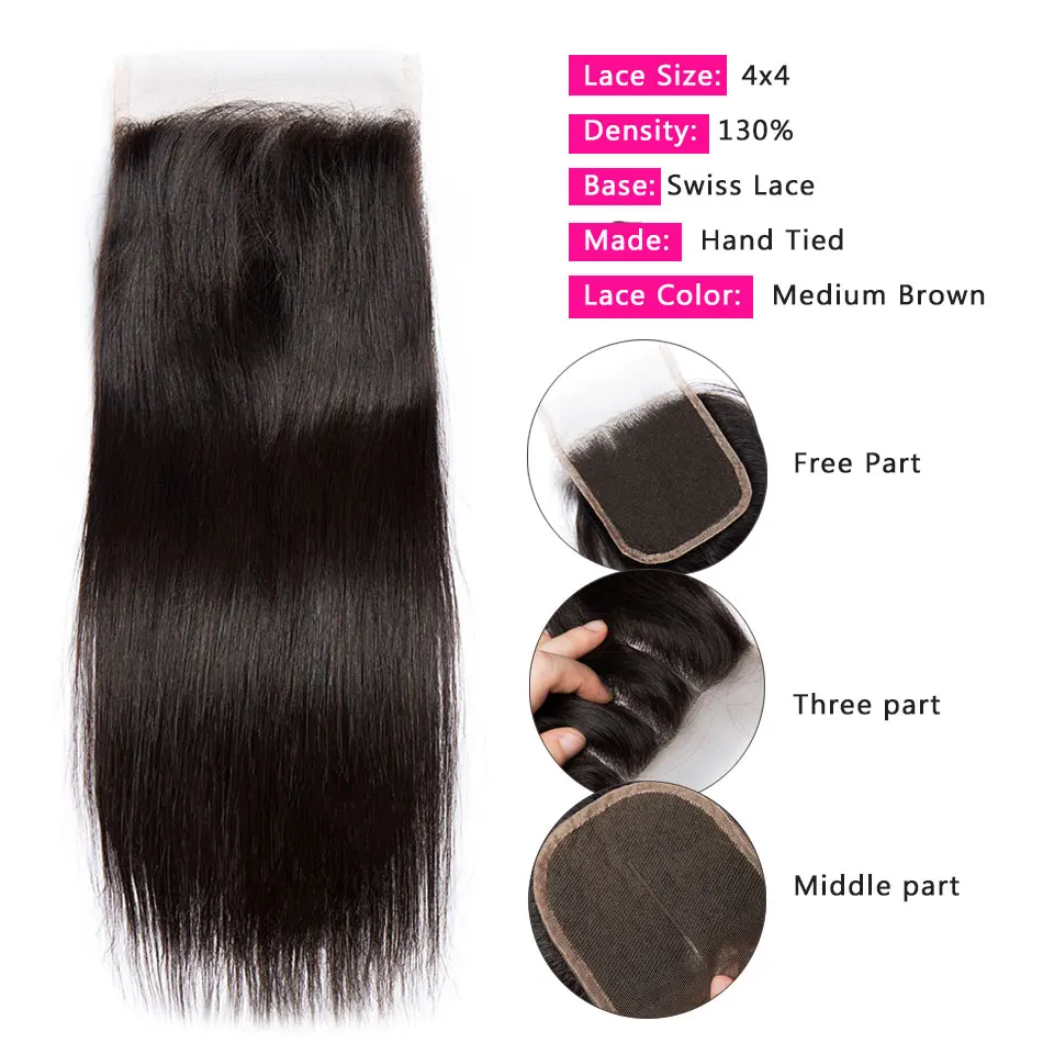 Alibele перуанские прямые волосы 4 пучка с закрытием натуральный черный 1B для