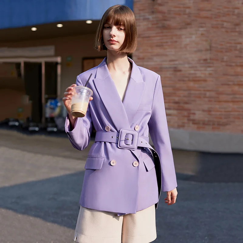 

[EAM] Loose Fit Brief Purple Double Breasted Jacket New Lapel Long Sleeve Women Coat Fashion Tide Spring Autumn 2021 1H090