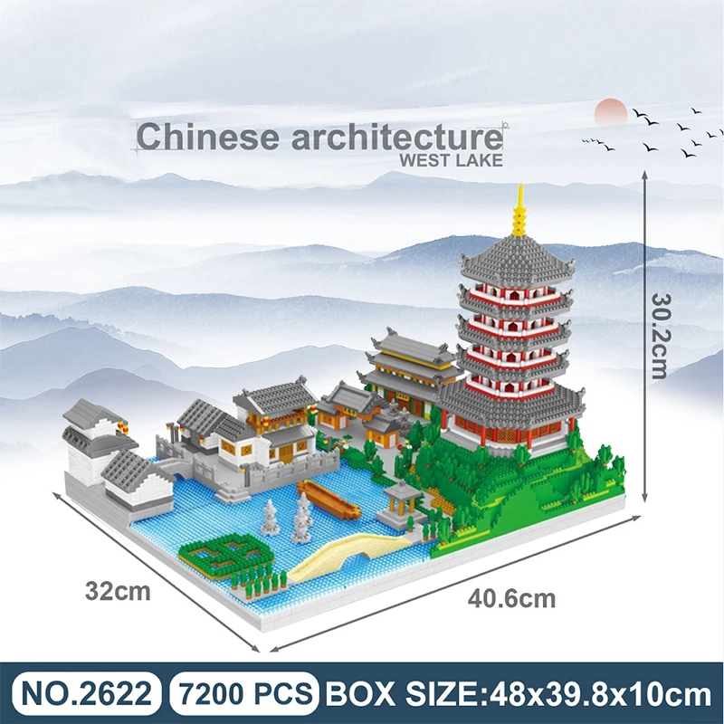 

Chinese West Lake Tower Temple Pagoda Ship 3D Model Mini Building Blocks DIY Micro Brick Block Gift Toy No Box