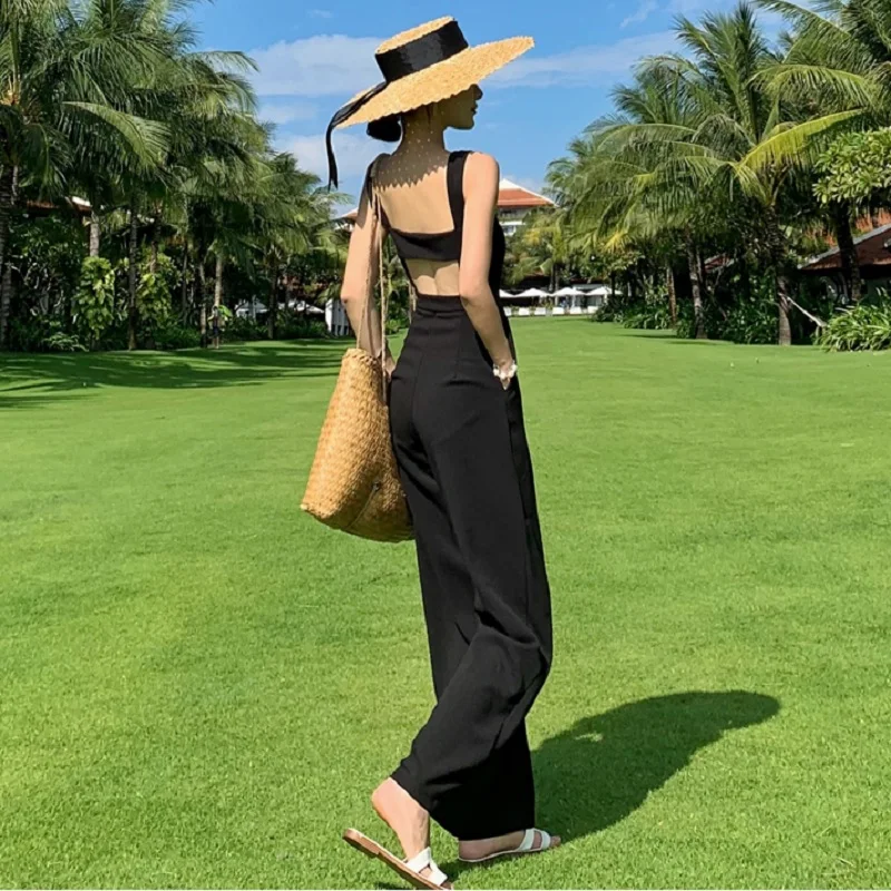 Sexy Sleeveless Backless Long Jumpsuit Women Elegant Hollow Out Ladies Playsuits Romper Casual Overalls Straight Bottom Pants