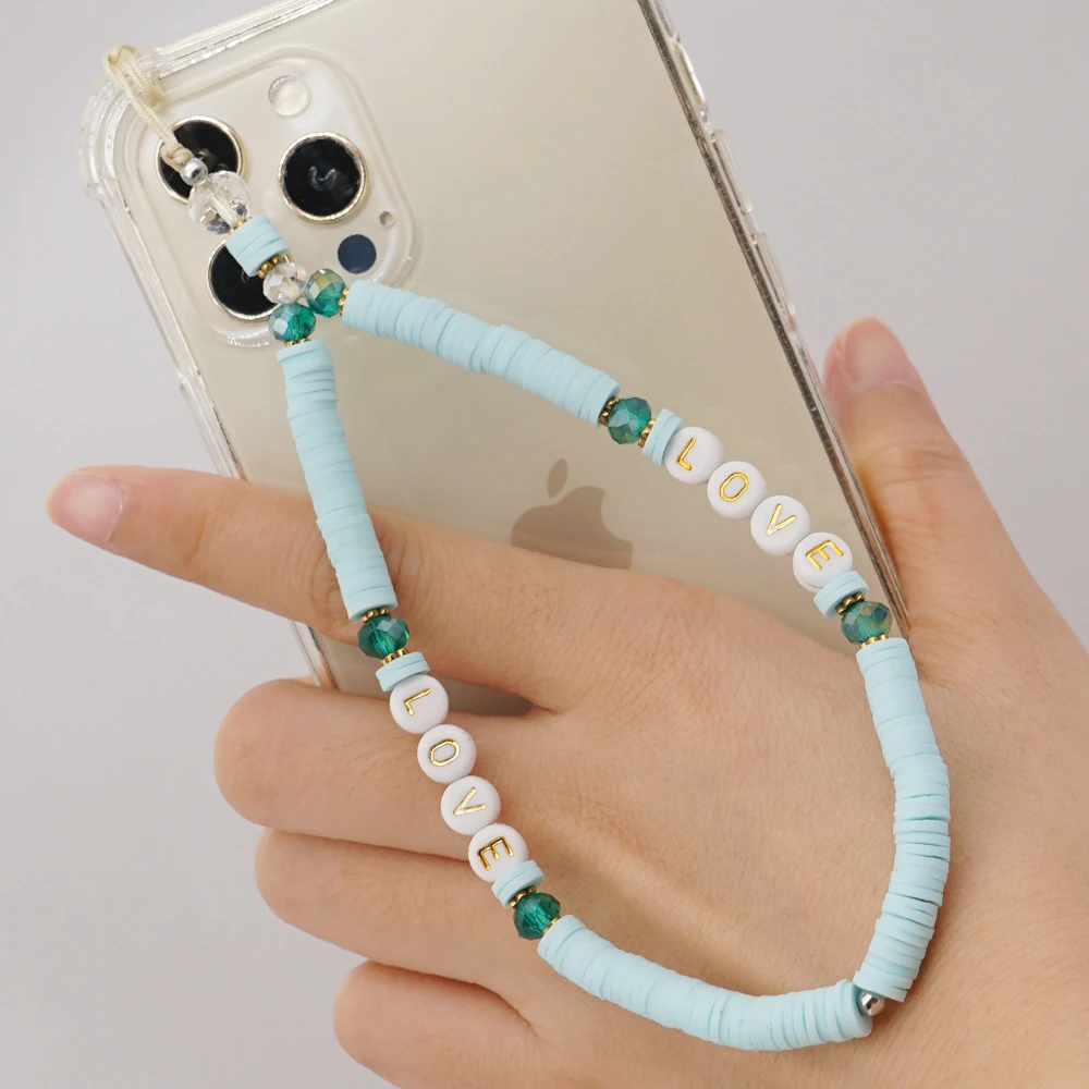 

Handmade Unisex Mobile Phone Case Chain Accessories Rainbow Smiley Bead Cell Phone Lanyard Love Letter Anti Lost Wrist Chain
