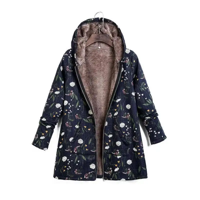 

Women Winter Fashion Folk Vintage Cotton Linen Printed Hooded Long Sleeve Ultra Thick Coats Female Fashion Loose Padded Jackets