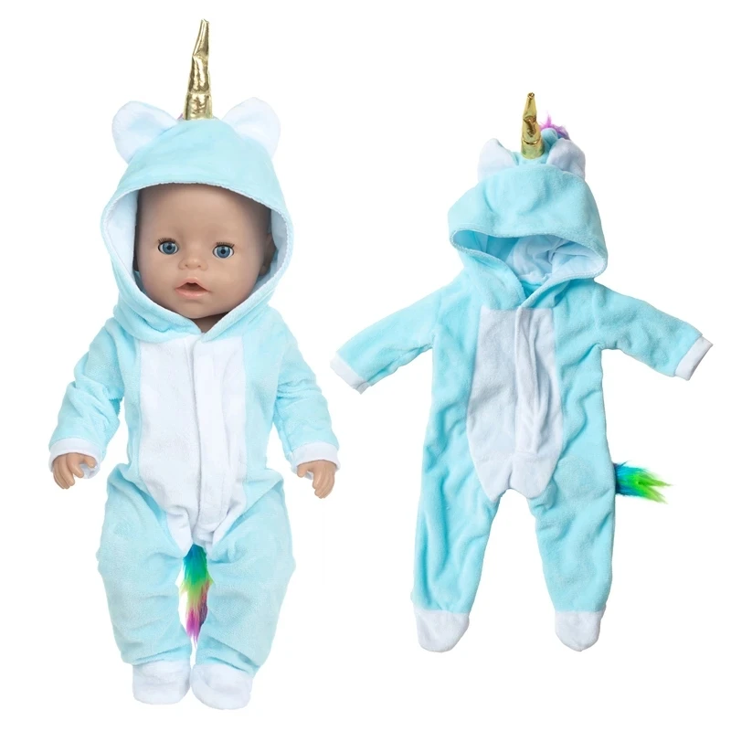 

2021 New Blue Unicorn Plush Five Stars Jumpsuits Shoes Suits Fit 18Inch American & 43cm Baby New Born Doll Clothes Accessories