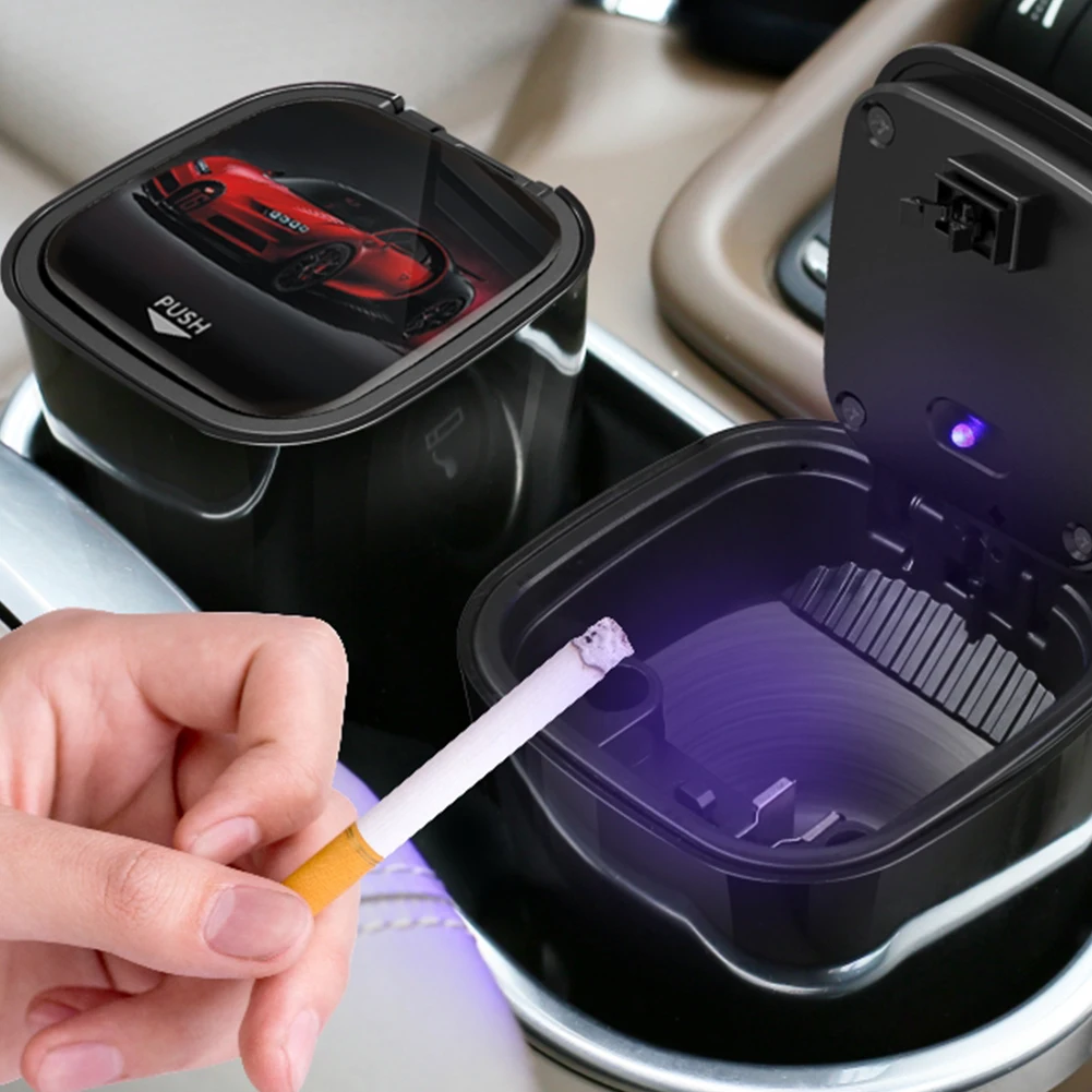 

Car Ashtray with LED Light Push Type Lid Multifunctional Smokeless Cigarette Holder Ashtray Trash Can auto Interior Decoration
