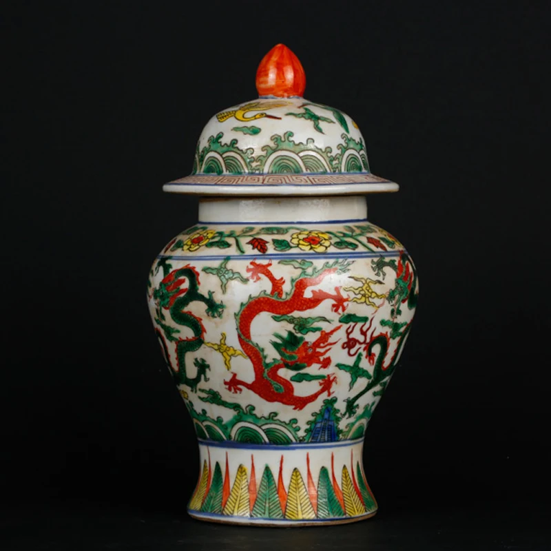 

Ming Dynasty Jiajing Year Mark Antique Five Color Cloud Dragon Pattern General Tank Antique Jar Home Decoration Porcelain Orname