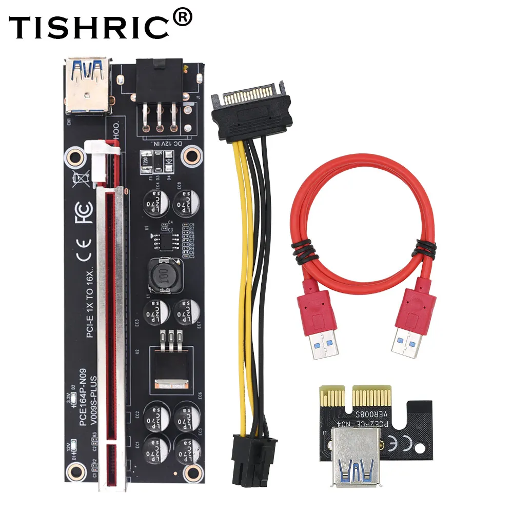 

TISHRIC VER009S Plus BTC Mining Miner PCIE Riser 009s Plus 1x 16x USB 3.0 PCI-E PCI Express Extension 6Pin Riser Card With light