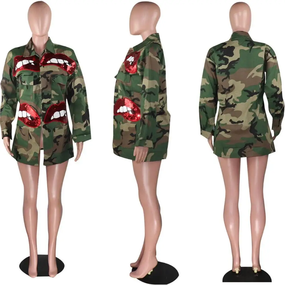 

European casual camouflage lips print women's coat autumn fashion loose Lapel long sleeve top