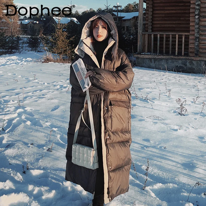 

Женская куртка на белом утином пуху, черная длинная парка, теплая верхняя одежда, модная пуховая куртка, зима 90%