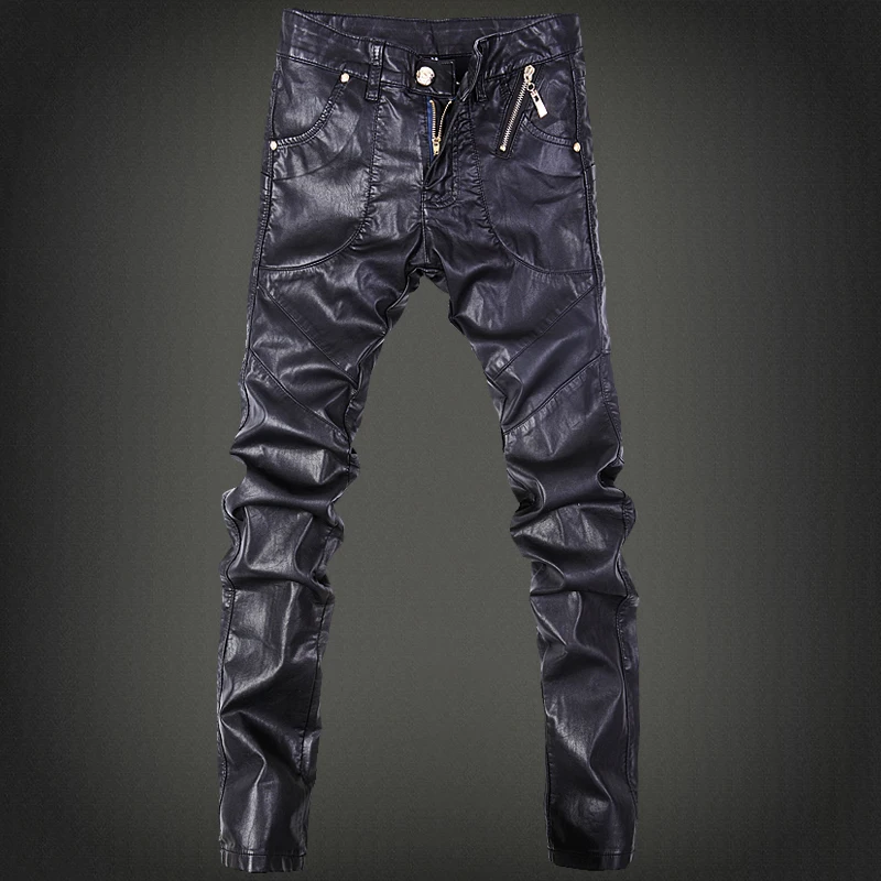 

2018 men's style pants, tide male nightclub leather pants , Four Seasons can wear zipper leather pants men wild long Feet pants