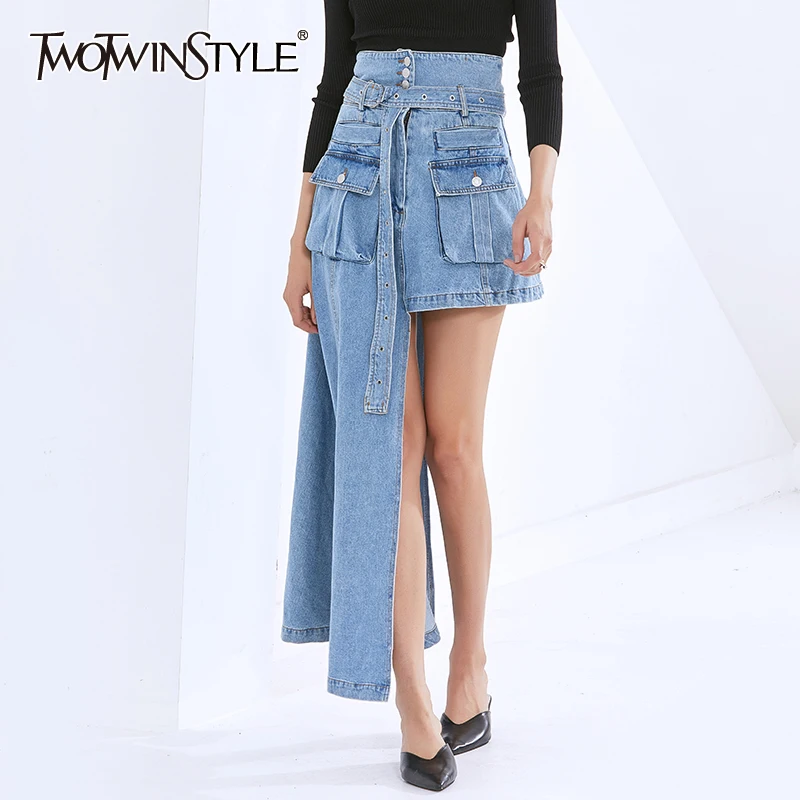 

TWOTWINSTYLE Denim Asymmetrical Skirt For Women High Waist With Sashes Irregular Hem Casual Skirts Female Fashion Clothing Tide