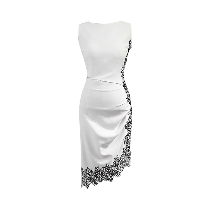 

BacklakeGirls White Women Dress 2020 Round Neck Sleeveless Hollow Out Lace Irregular Cocktail Dress Vestido Coctel