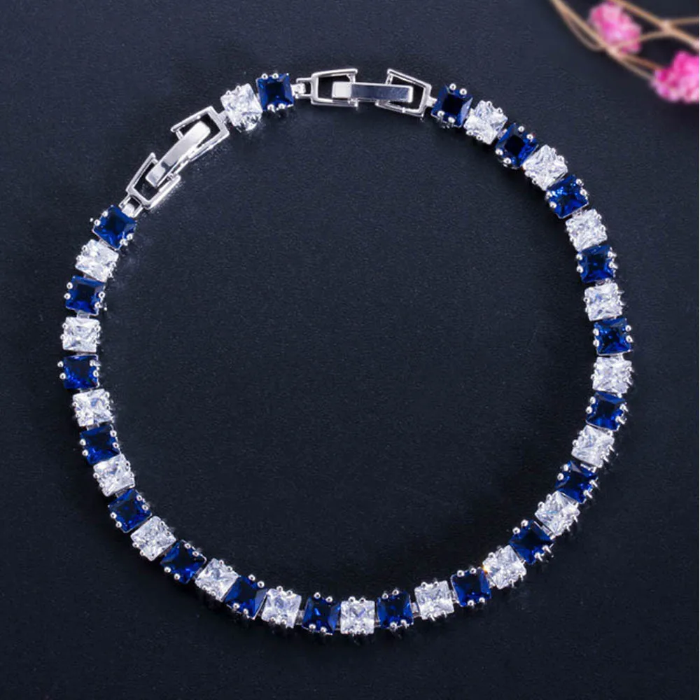 Royal blue ThreeGraces мода теннис стиль белое золото цвет CZ камень с Красный Синий Черный Зеленый Кристалл Браслеты паве для женщин BR006 - Окраска металла: Royal blue