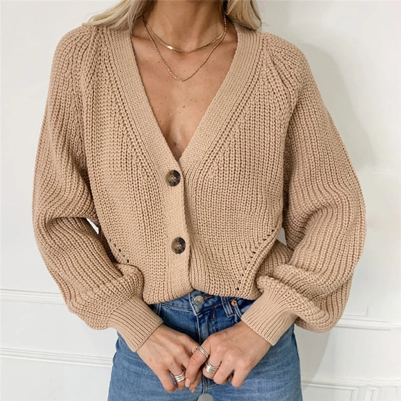 

Fashion Oversize V-Neck Button Female Knitwear Outwear Women Solid Cardigans Autumn Casual Batwing Sleeve Knitted Sweater