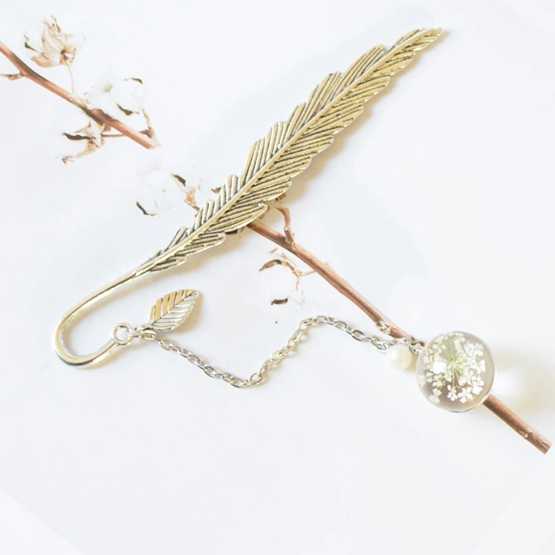 Сушенный цветочный образца Закладка для книги Винтаж перо Металл книга клип