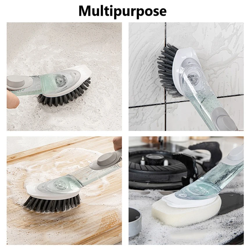 

Long Handle Cleaing Brush 2 In 1 Kitchen Cleaning Brush With Removable Brush Sponge Dispenser Dishwashing Brush Set Kitchen Tool