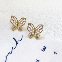korea new purple butterfly hollow gold rim earrings jewelry 2021 for women retro fresh drip glaze silver needle earring fashion