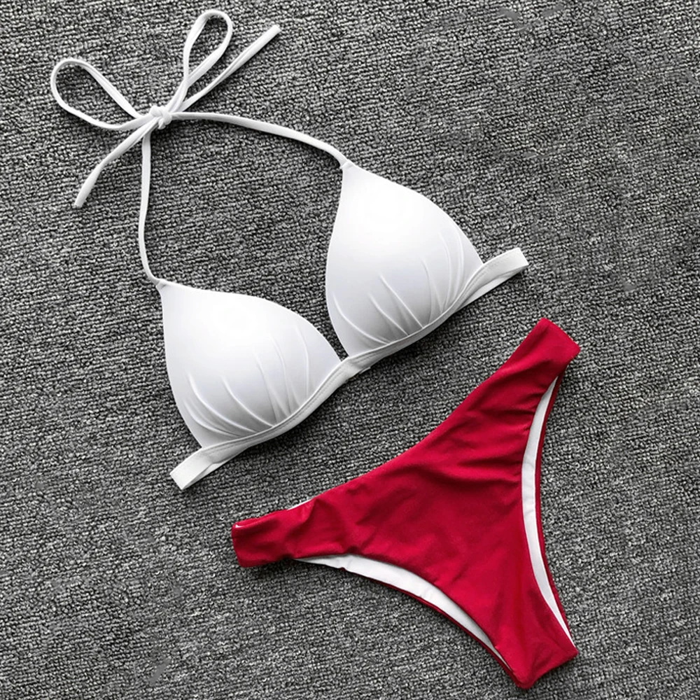 Женский однотонный купальный костюм бразильский белый комплект бикини с лямкой