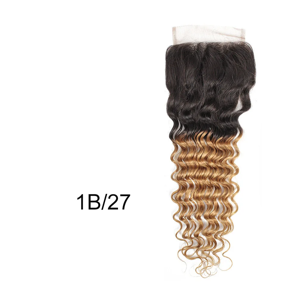MOGUL HAIR Deep Wave 4*4 Lace Closure Natural Color 2 Color 4 Dark Brown 1B 27 Ombre Honey Blonde Indian Non Remy Human Hair - Цвет волос: T1B/27