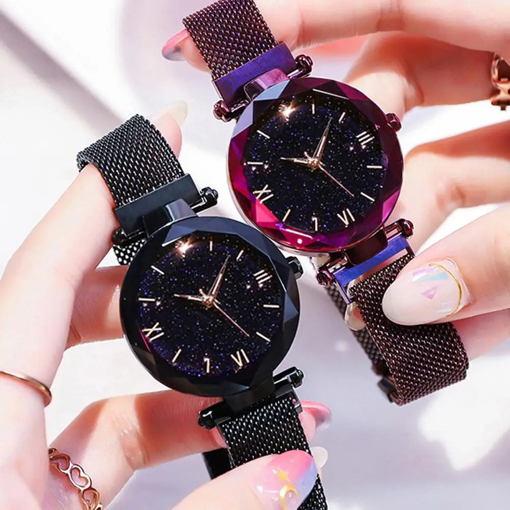 

Fashion Luxury Women Starry Mesh Band Magnetic Buckle Roman Numeral Analog Quartz Wrist Watch Gift Elegant Lady zegarek damski