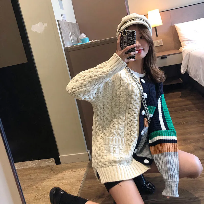 [EWQ] korea style full sleeve Panelled women Knit sweater Vintage Plus Size Thick Warm Cardigan Sweater 2019 autumn new QL19812 |