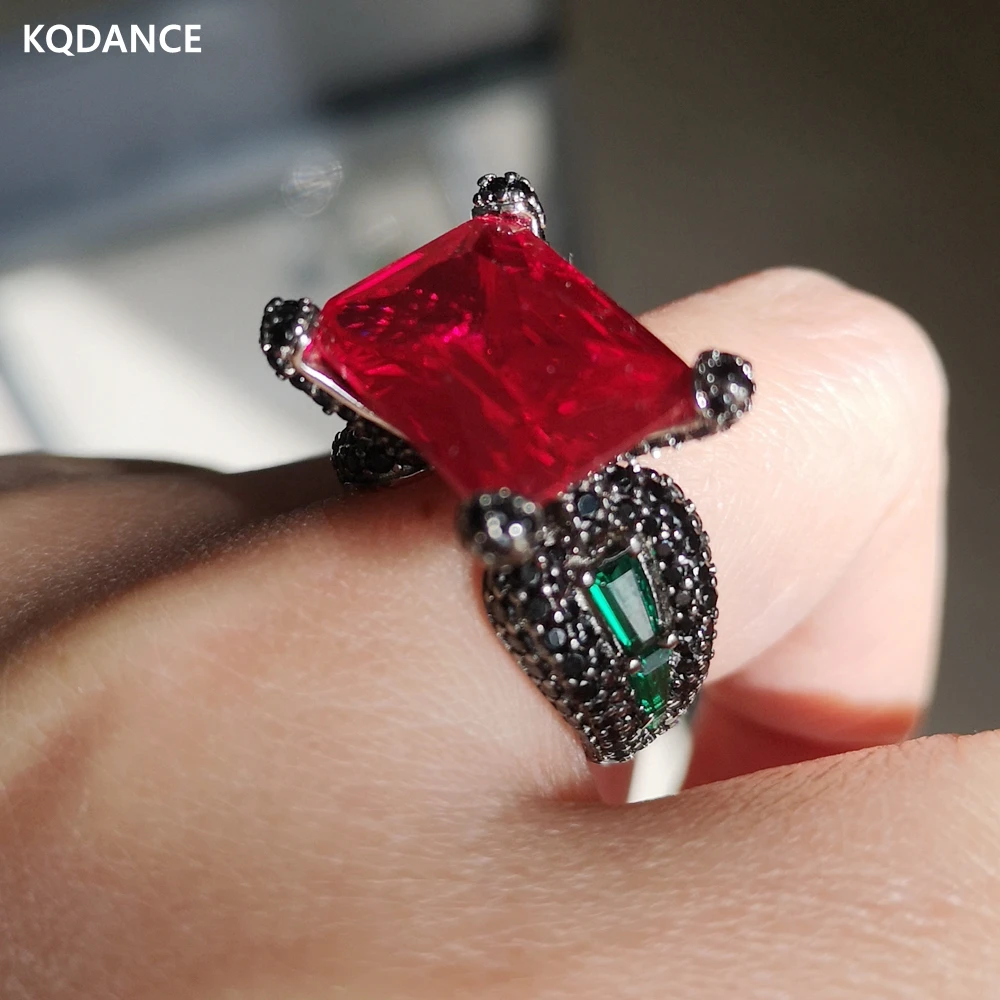 KQDANCE 925 Sterling Silver Black Zircon High Carbon Diamond Emerald Ruby Ring with Big Yellow Green Red Stone Jewelry Women