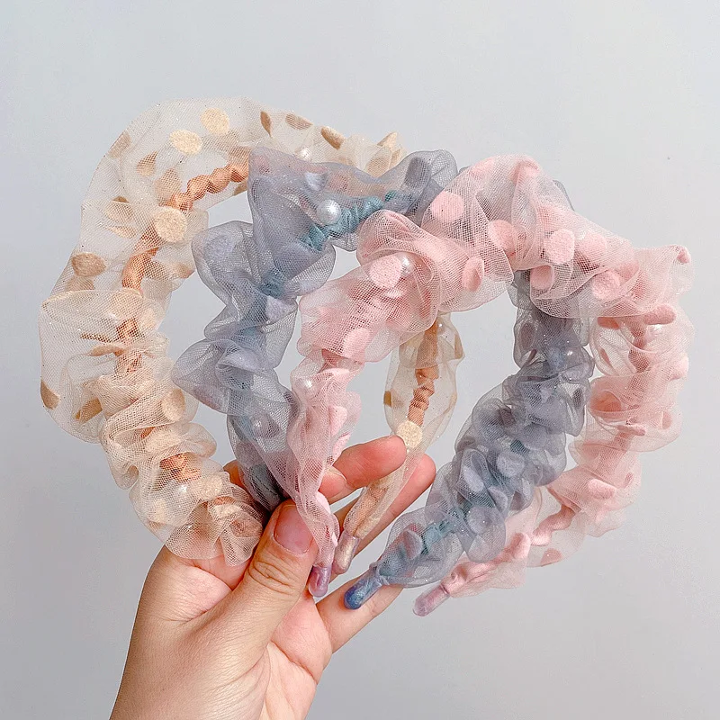 

Kids Polka Dot Veil Hair Hoop Pleated Mesh Head Buckle Lovely Colorful Hairpins Children Hairclips Headdress 2021 New Korean