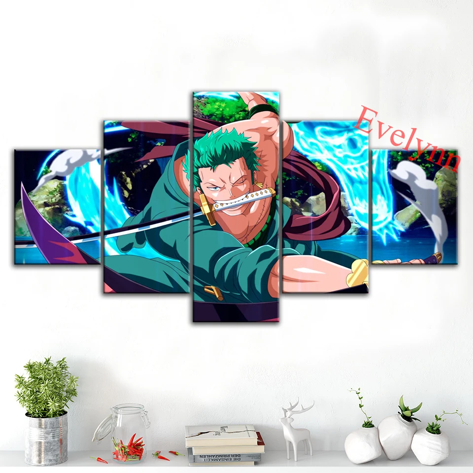 

5 Pieces Anime Poster One Piece Roronoa Zoro Modern Canvas Wall Art Print Modular Pictures Living Room Home Decor Painting Frame