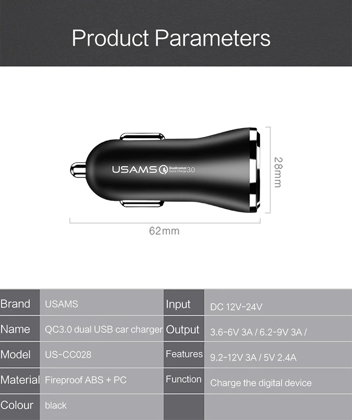 USAMS автомобильное зарядное устройство Быстрая зарядка QC 3,0 Dual USB Универсальное зарядное устройство для мобильного телефона qc3.0 Быстрая зарядка кабель для samsung