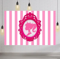 pink white stripes backdrop doll head photo frame glamour girl photography background party decor photo booth banner cake table
