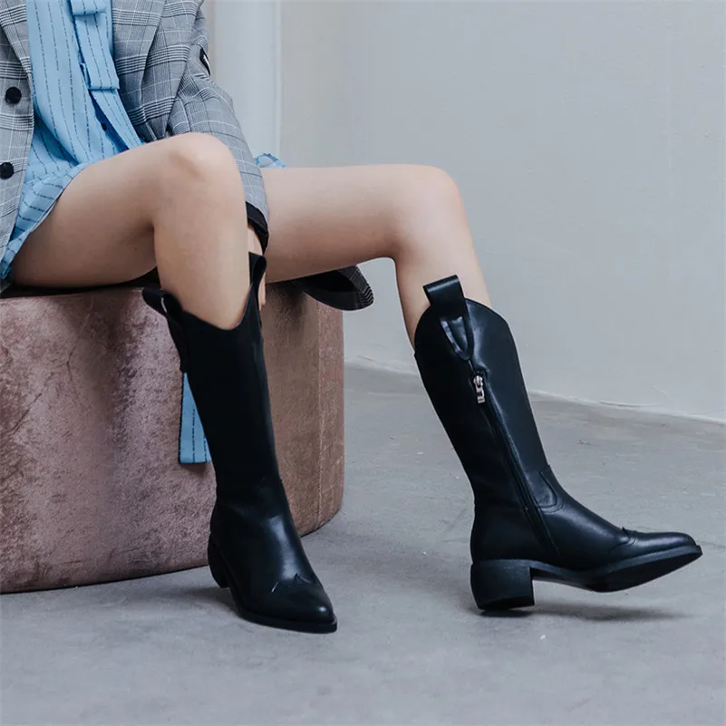 Женские ковбойские сапоги Meotina осенне-зимние до середины икры из натуральной