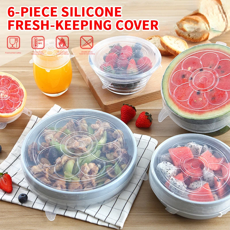 

6 шт., силиконовая крышка s, силиконовая Регулируемая силиконовая крышка s, силиконовая крышка, эластичная емкость для кухонной посуды, много...