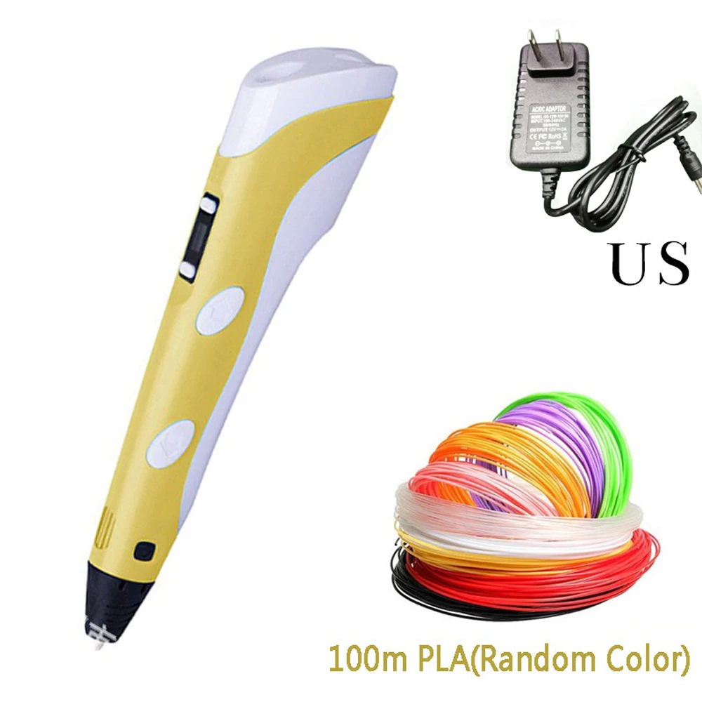 yellow 100m US Креативная 3d-ручка с PLA нитями, регулируемая температура, Нетоксичная ручка для рисования, детские подарки на день рождения, обучающая игрушка - Цвет: yellow 100m US