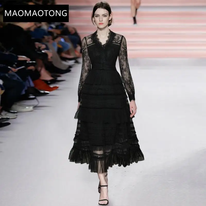 

Fashion Designer Autumn Black Mesh Dress Women V-Neck Lantern Sleeve Elegant Cascading Ruffle Party Long Dresses