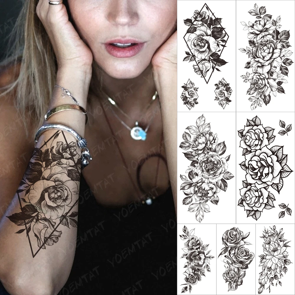 

Водостойкий временный рукав, тату на руку, наклейка, Алмазный пион, лилия, цветок, окрашенные черные татуировки, сексуальный боди-арт, искусственная татуировка для мужчин и девочек