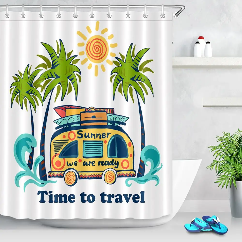 

Shower Curtain, Bathroom Curtains-Summer Travel,Cartoon Bus,White Cloth for Kids, Childern,School