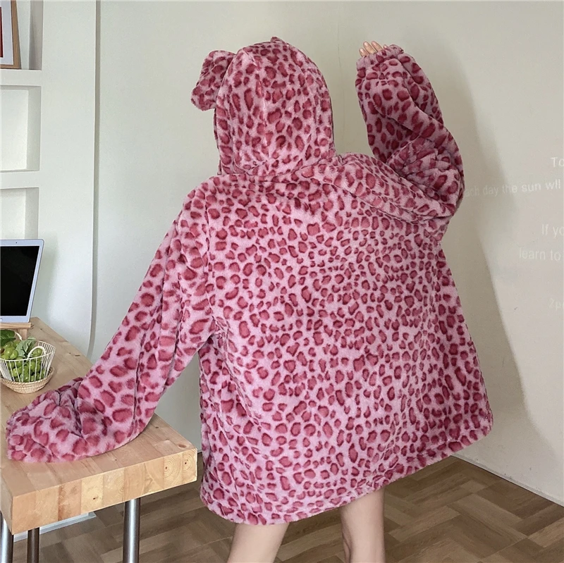 

SHENGPALAE Personality Leopard Print Lamb Cashmere Jacket Women's Autumn Winter New Thick Long Sleeve Hooded Cute Ear Coat 5B615