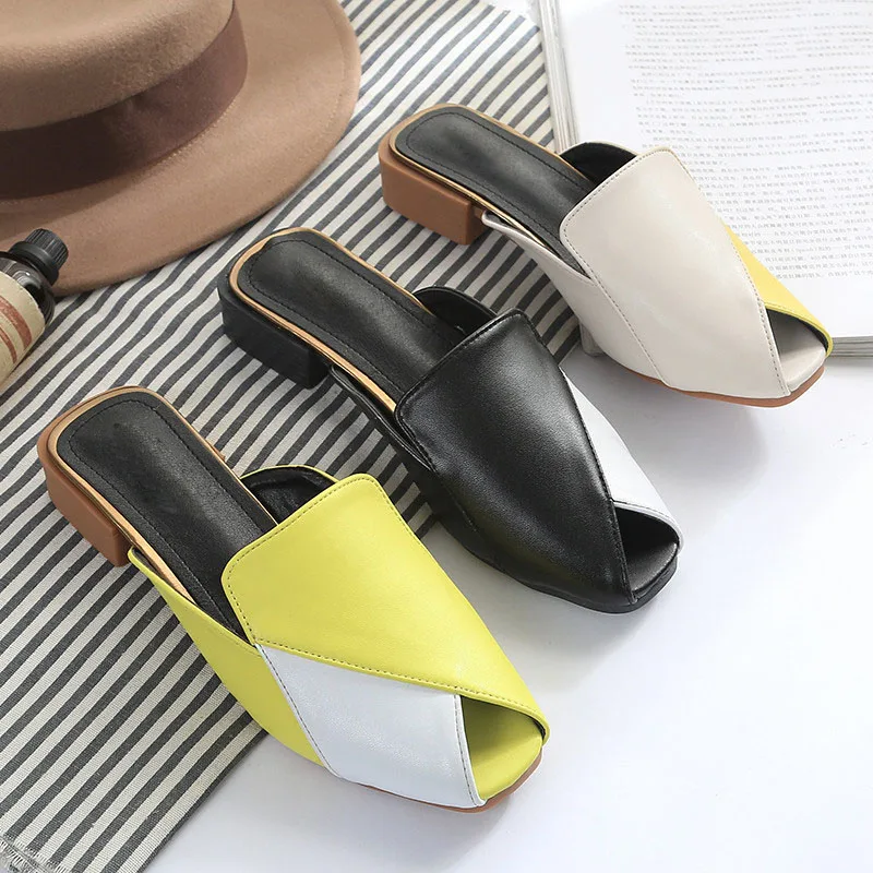 

CEYANEAOWomen's Peep Toe Genuine Leather Mule Slippers Ladies Mixed Colors Square Heeled Shoes Designer Fashion Party Sandals