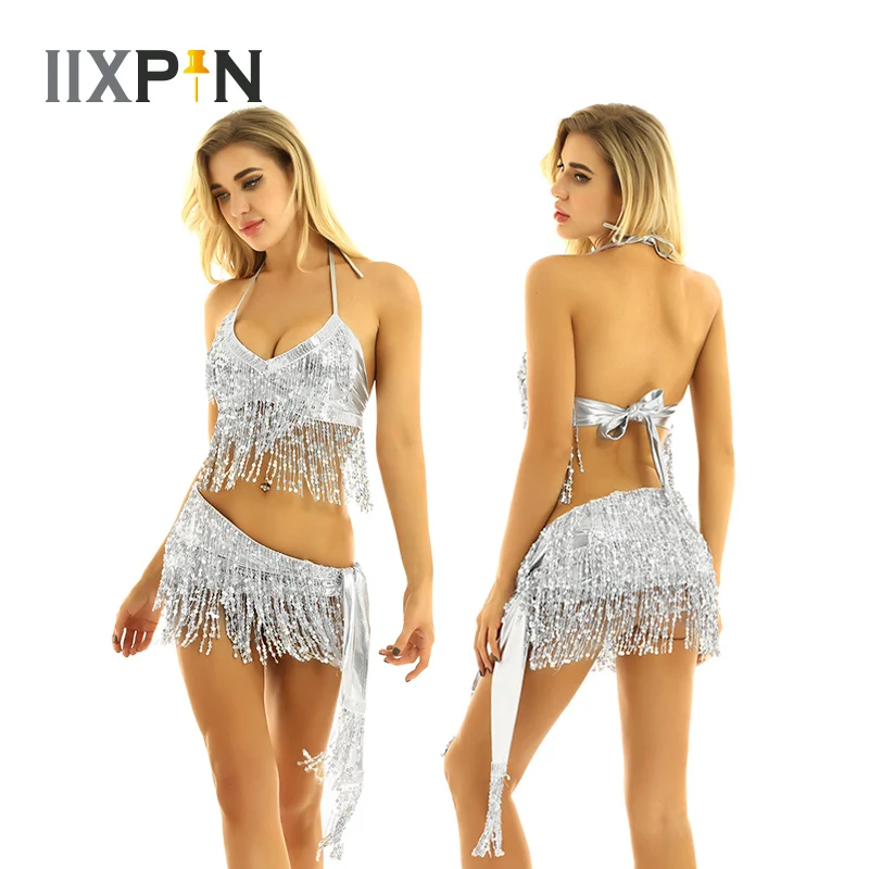 

Womens Shiny Sequin Tassels Belly Dance Costume Set professional Halter Neck and Back Tie Up Bra Top with Hip Scarf Wrap Skirts