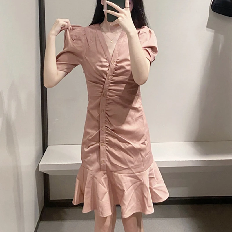 

Sexy V-Neck Mini Dress For Women Short Sleeve Ruffles A-Line Elegant Folds Party Dresses