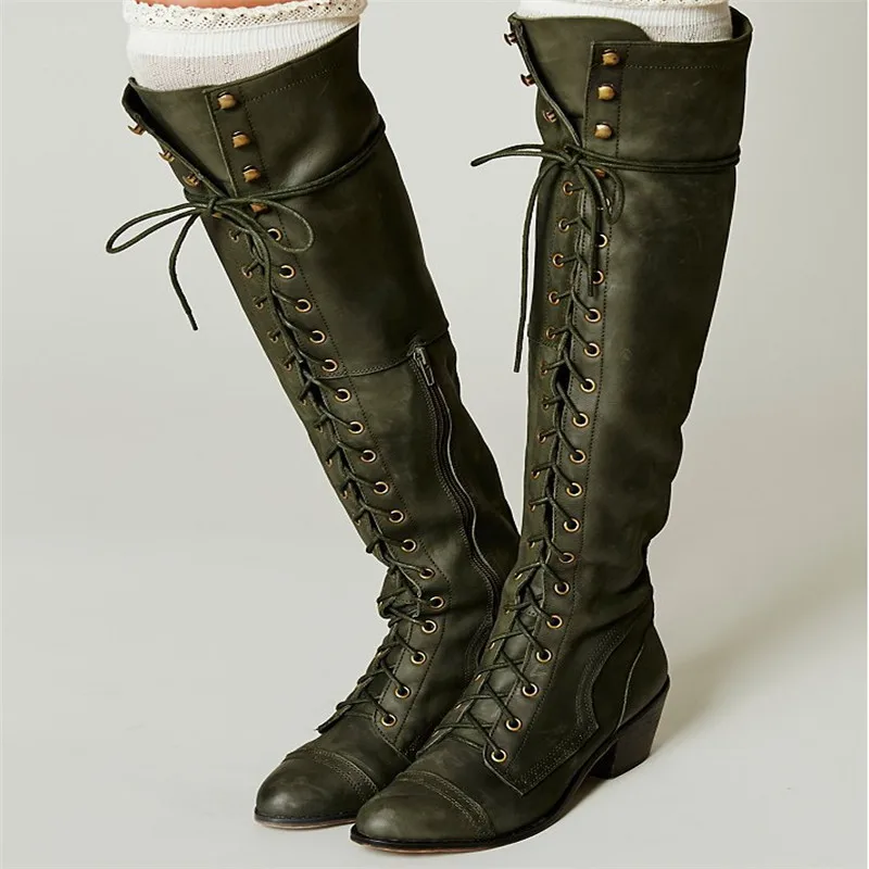 Женские сапоги на высоком квадратном каблуке шнуровке|Сапоги до колена| |